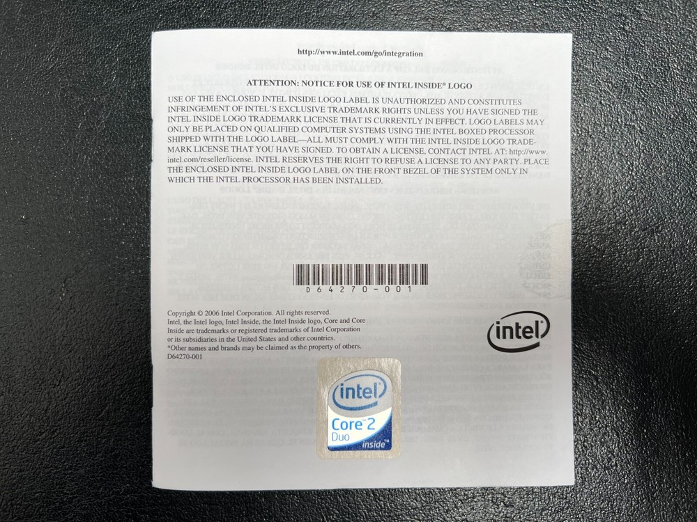Intel Core 2 Duo Processor Installation Instructions with Logo Label D642