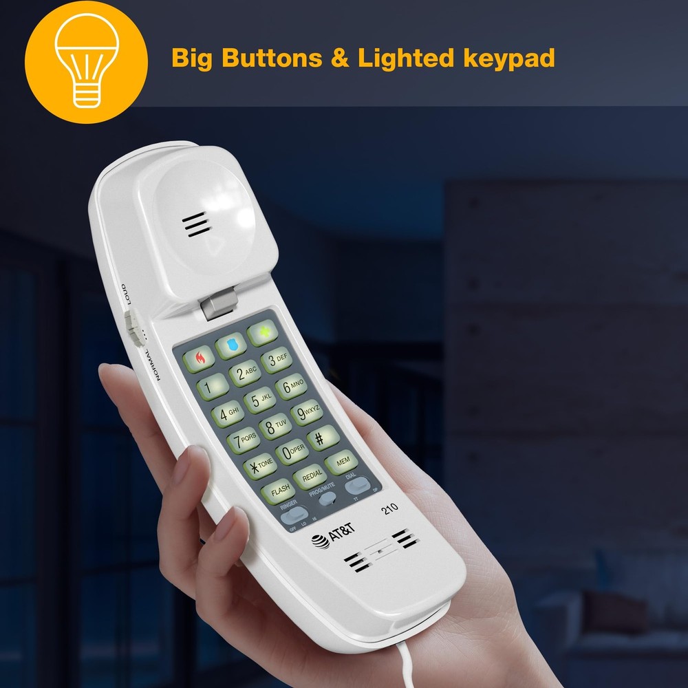 AT&T 210 Basic Trimline Corded Phone, No AC Power Required, White