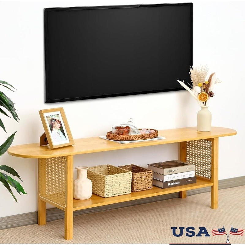 Bamboo TV Stand Rattan Design Ample Storage Multi-Functional Easy Assembly New