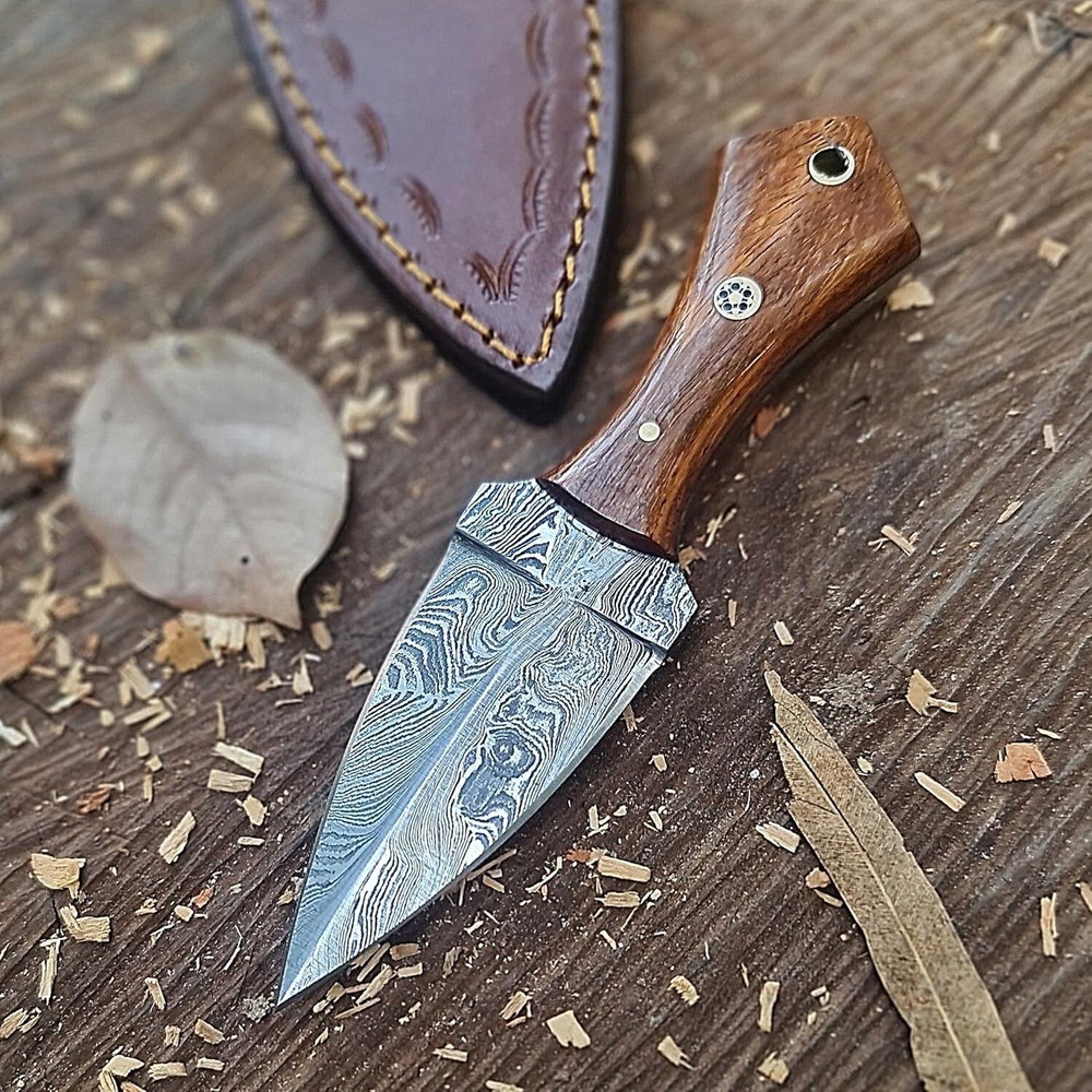 Damascus Small Fixed BLade Neck Knife Handmade Double Edge Dagger with Sheath