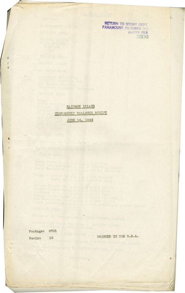 Ralph Murphy RAINBOW ISLAND Original post-production script for the #128503