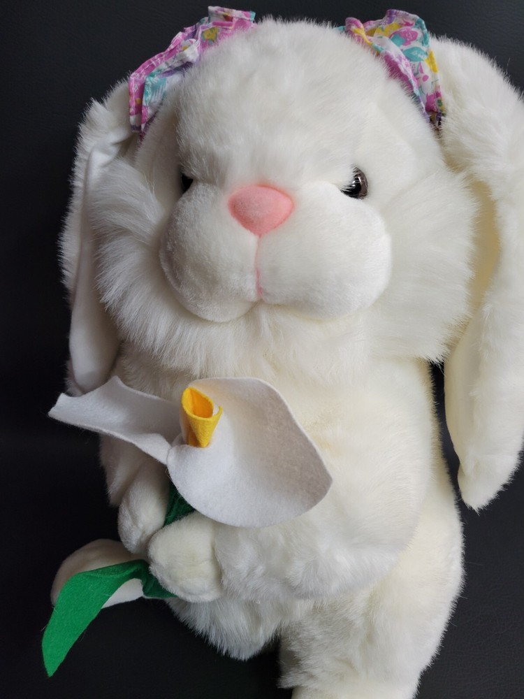 Large 18" Plush White Lop Eared Easter Bunny Rabbit Holding Spring Flower