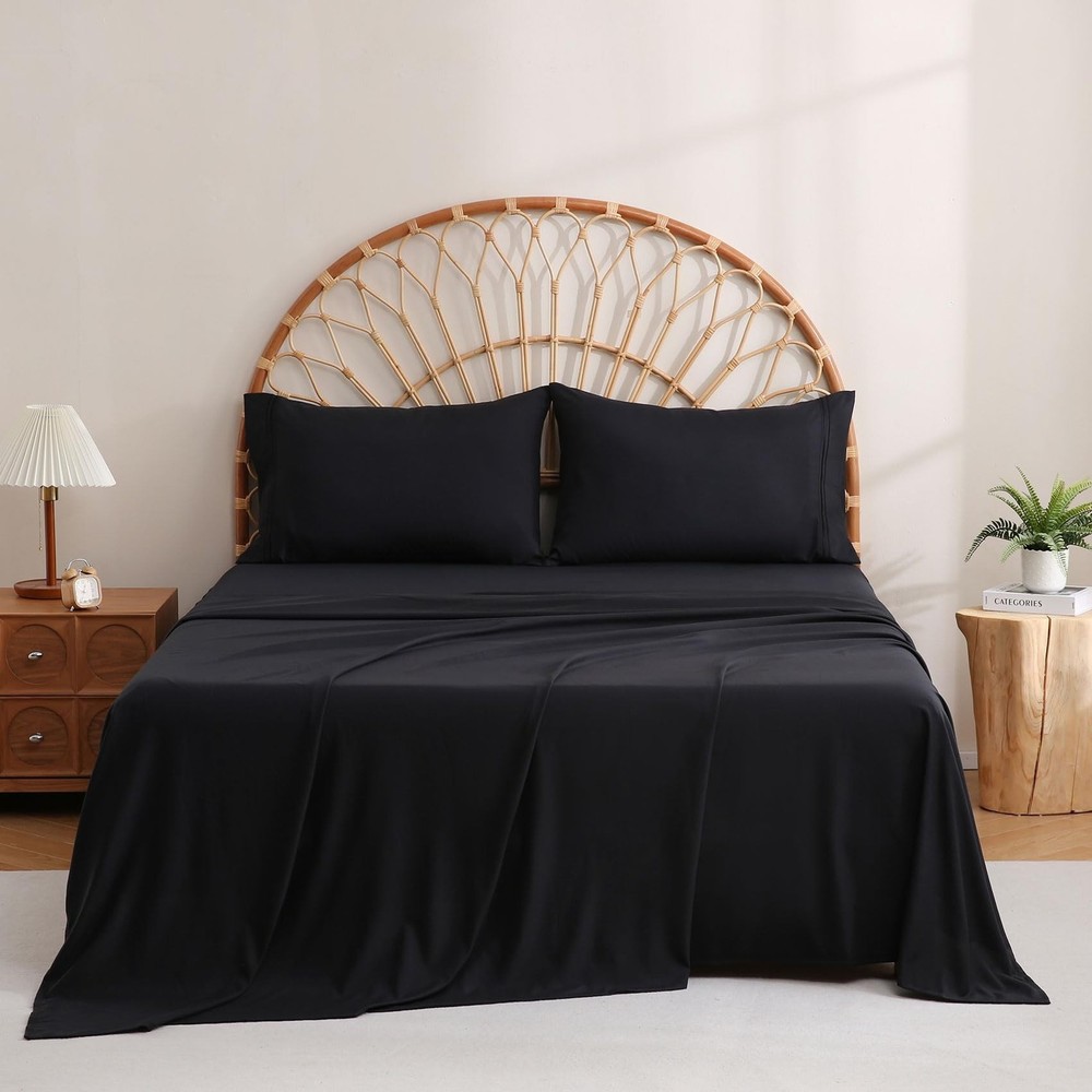 JSD Black Queen Sheet Set with Side Pocket Corner Straps, 4 Piece Soft Microf...