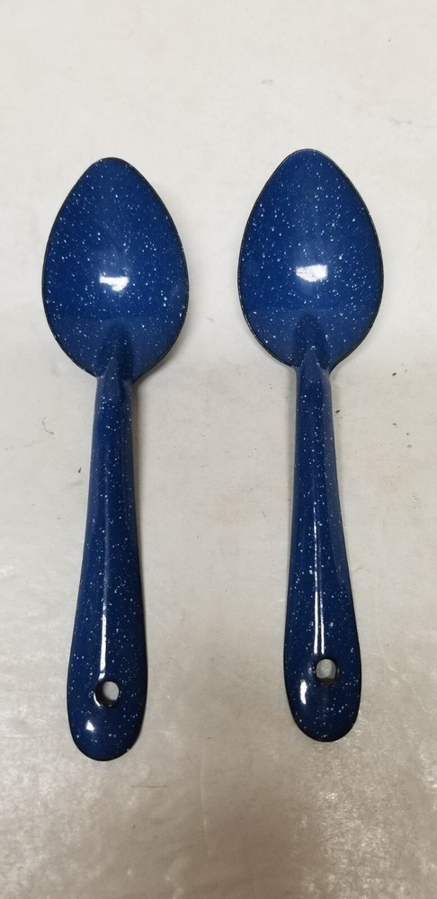 2 VTG ENAMELWARE BLUE WHITE SPECKLED TABLESPOONS 7"