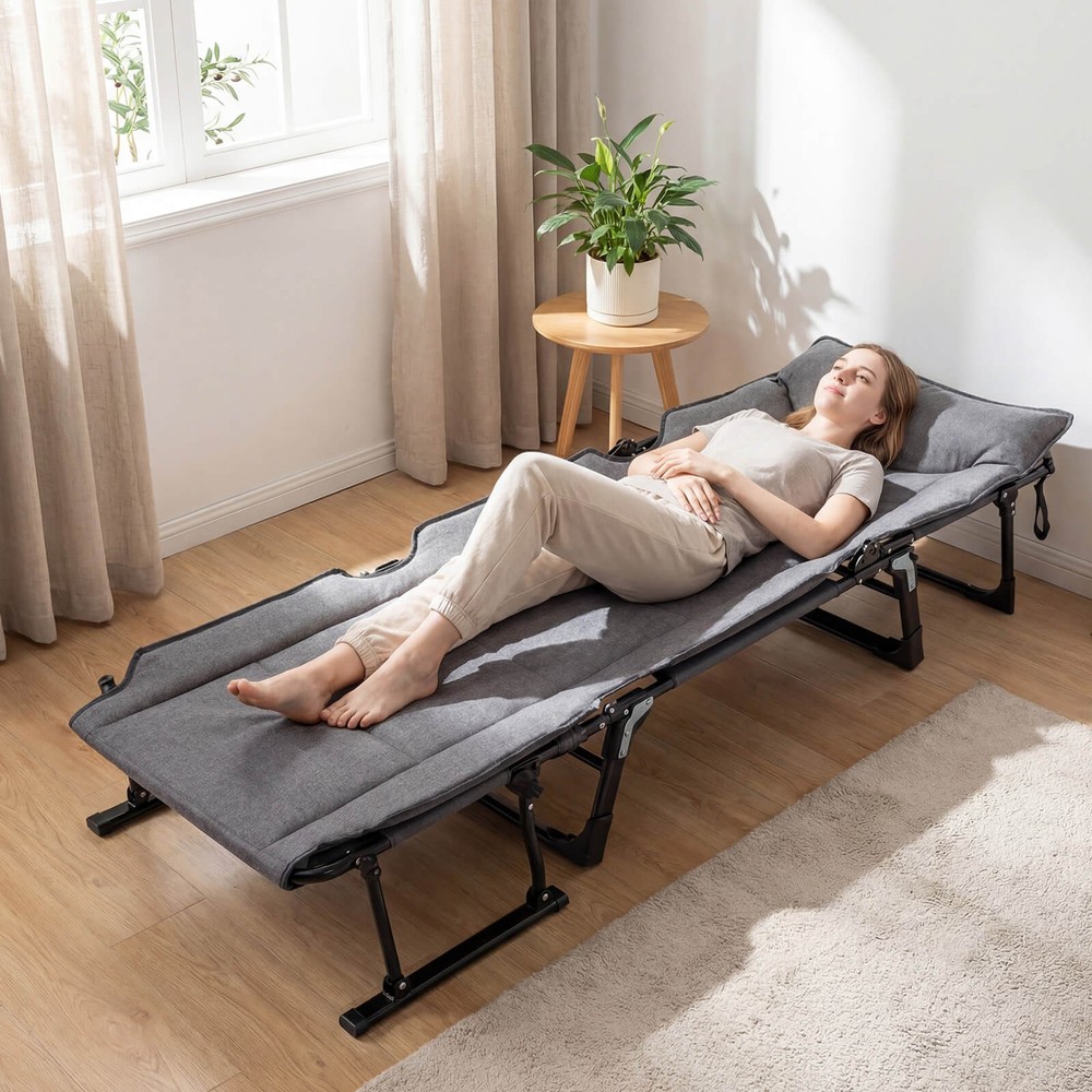 Folding Camping Cot w/Mattress 6 Backrest Positions Head Pillow Foldable Armrest