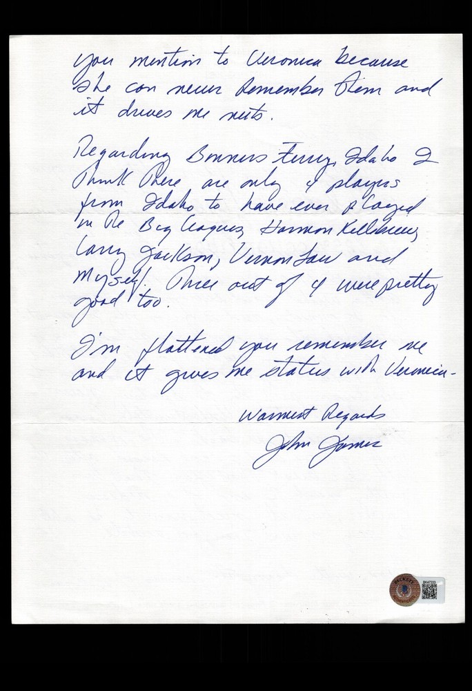 FAN LETTER RESPONSE- JOHN JAMES : GREATEST THRILL, BAS CERTIFIED