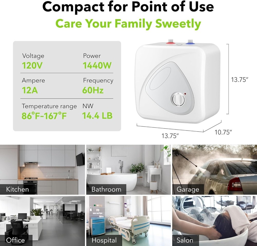 Electric Mini-Tank Water Heater - 2.7 Gallon Small Under Sink Instant Hot Water