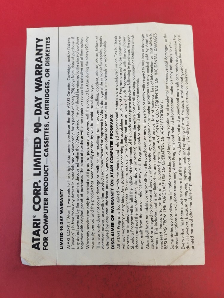 atari 90 day warranty insert