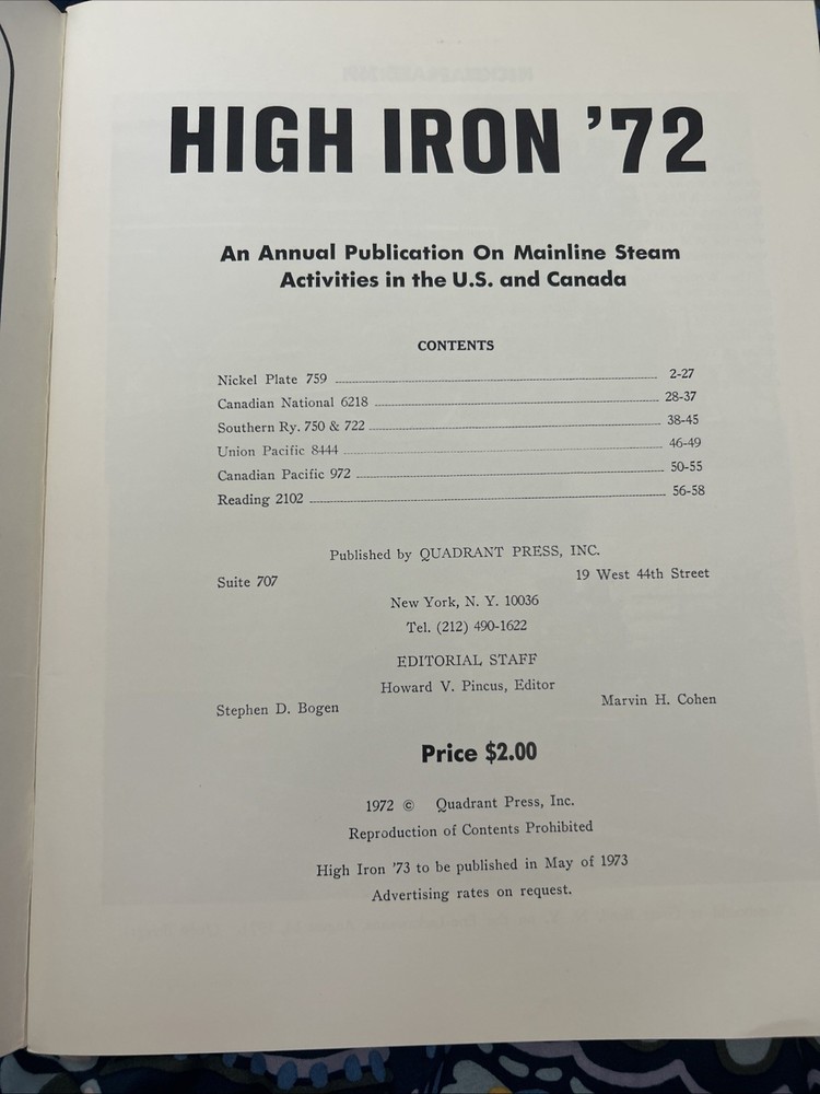 High Iron ‘72 Annual Pub On Mainline Steam Activities