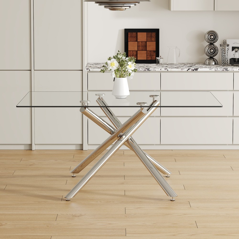 Large Modern Minimalist Rectangular Glass Dining Table with 0.39" Tempered Gla