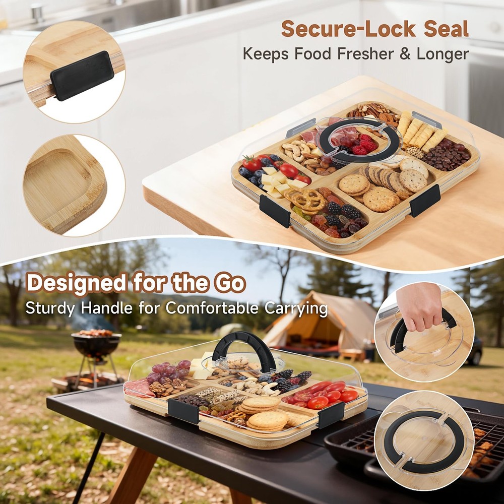 Bamboo Charcuterie Boards with Lid, Travel Portable Cheese Board & Serving Tr...