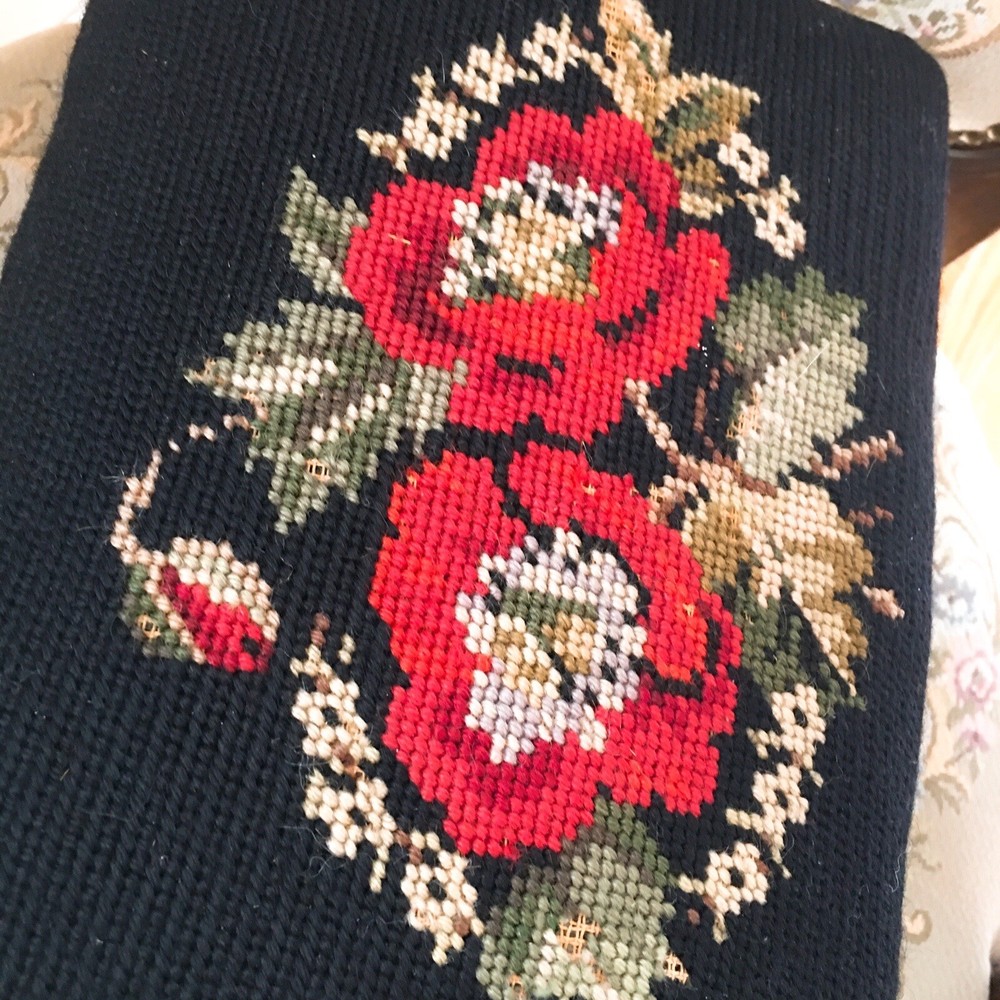 Antique Needlepoint Rectangular Foot Stool w/ Metal Feet