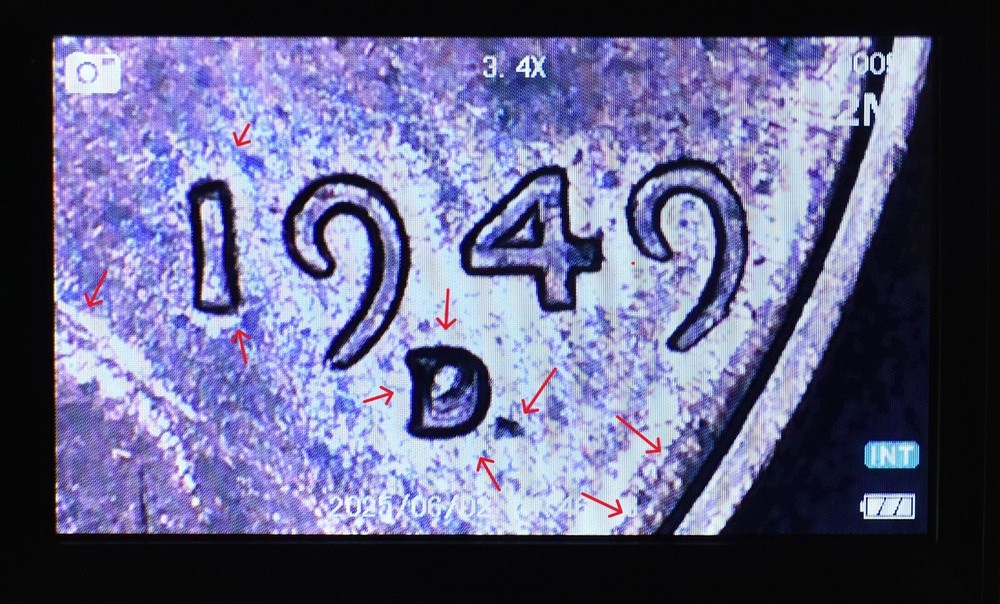 1949 D Penny Error Red Mint State Multi Error Double Die, Cracks Collar Filled D