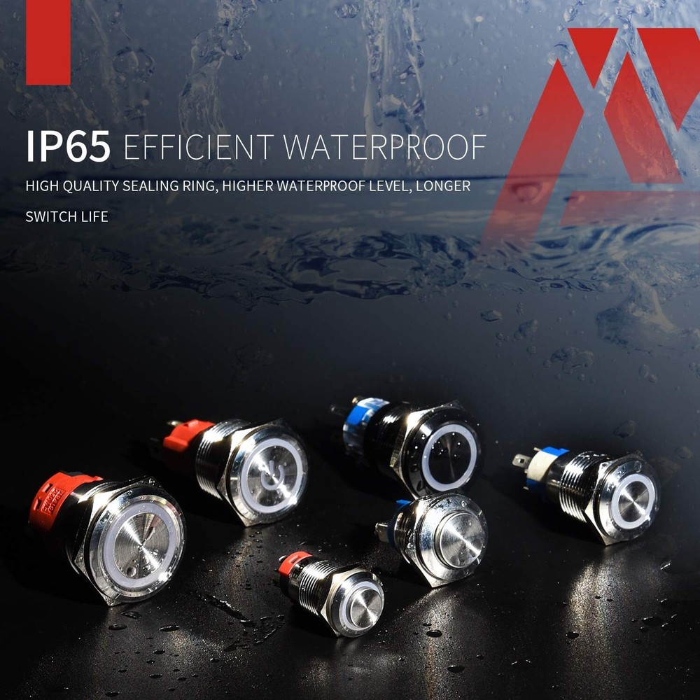 LED-Powered 19mm Latching Push Button Switch - SPDT, Waterproof, 6 Pack