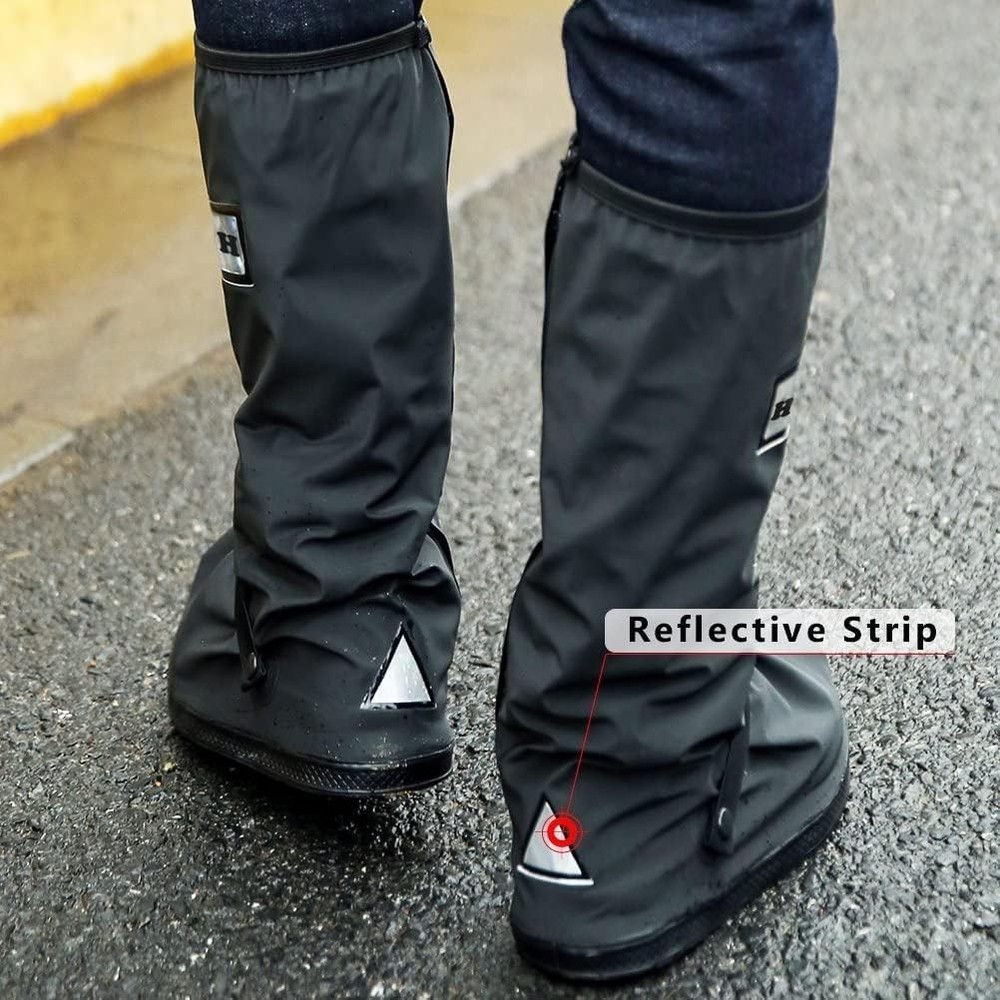 High-Elastic Black Rain Boot Shoe Covers - Foldable & Portable with Reflector