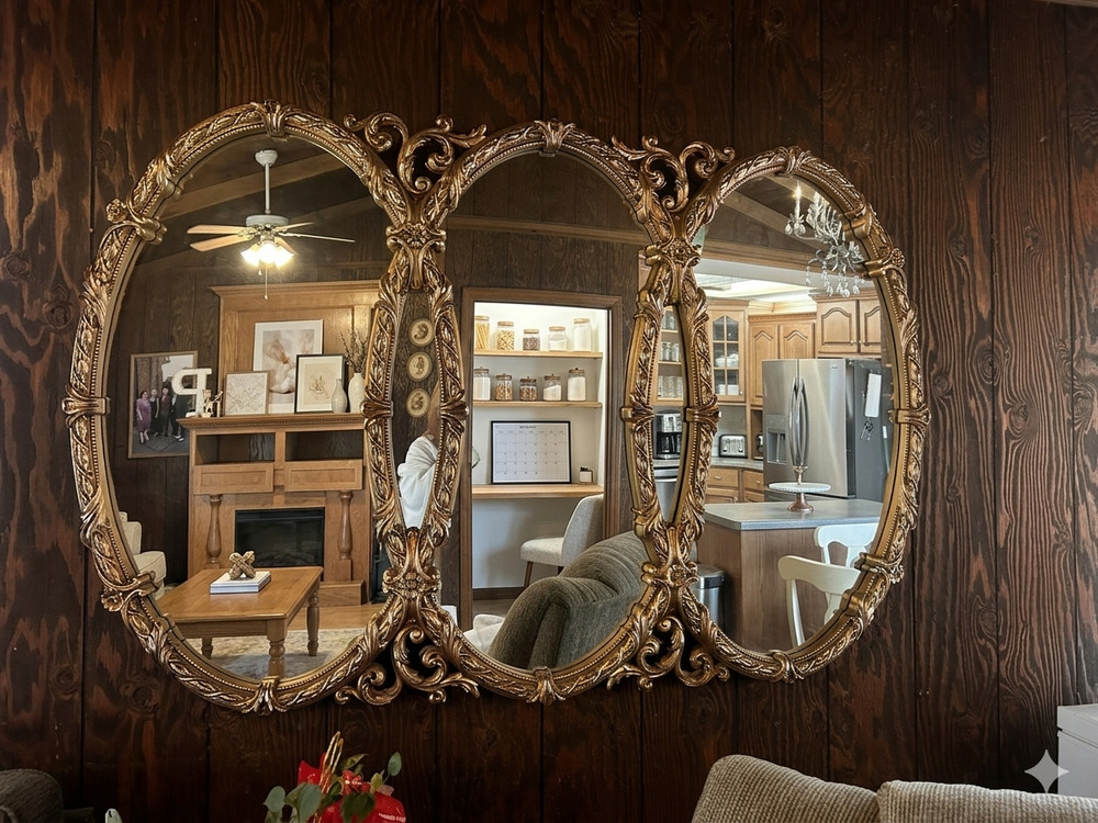 Gold Hollywood Regency Mirror Triptych Triple Interlocking Oval Wall