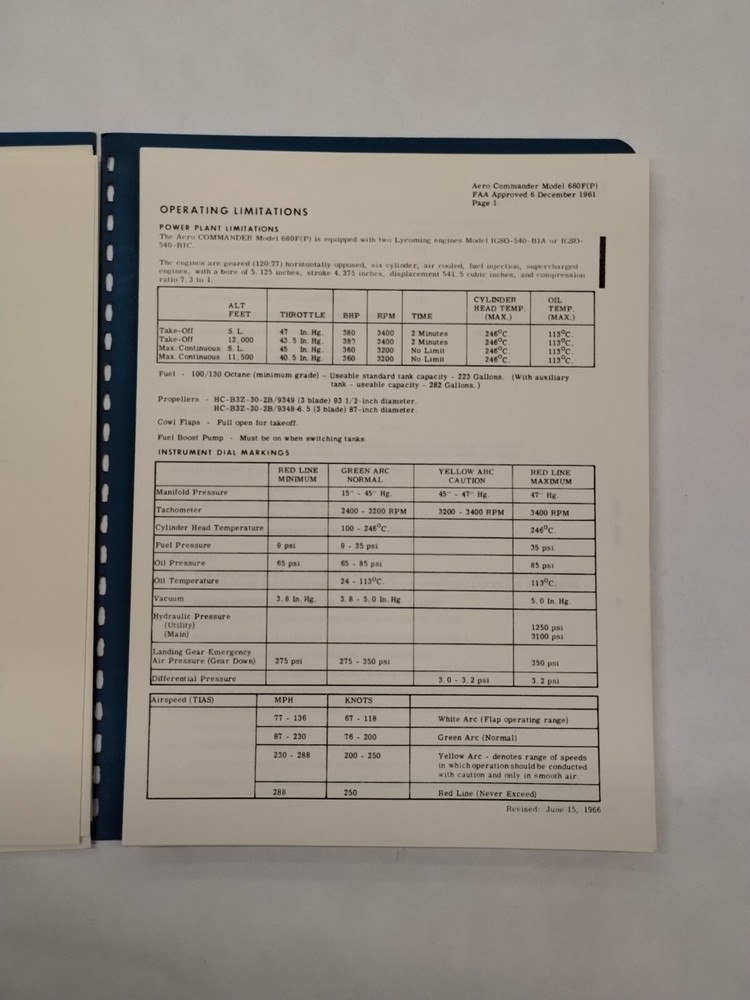 Aero Commander 1961 Model 680F Pressurized Flight Manual-Original