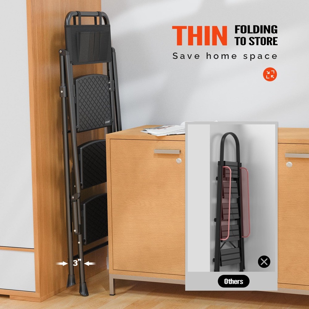 Folding Step Stool 3-Step with Handrails, 400lbs Capacity, Non-Slip Rubber Feet