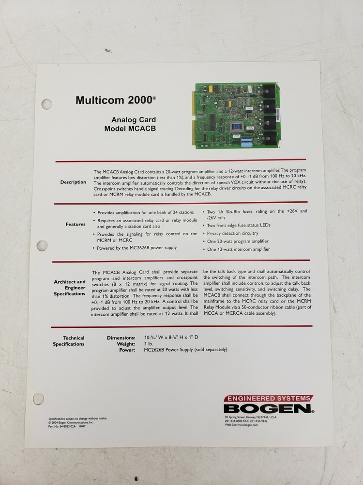 Bogen Multicom 2000 Analog Card MCACB Intercom System Used AS IS #7