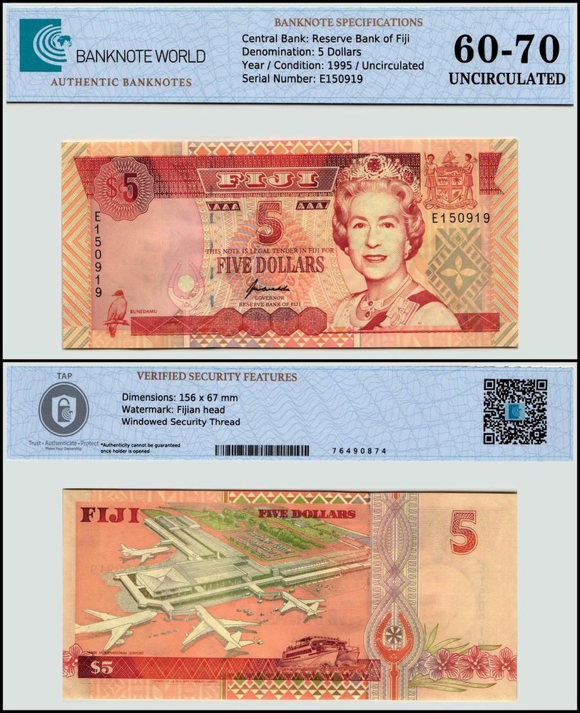 Fiji 5 Dollars, 1995, P-97a, UNC, Authenticated Banknote