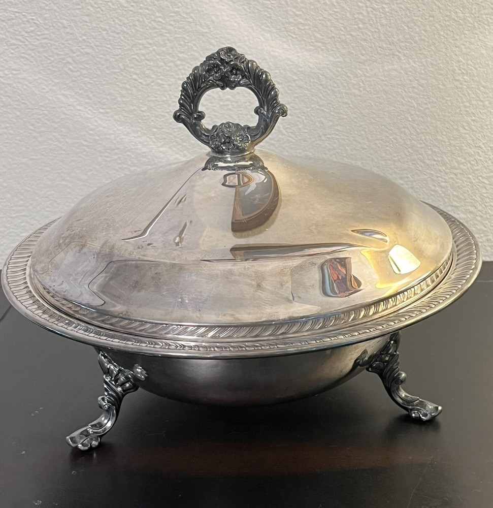 F.B. ROGERS SILVER CO. SILVER PLATED FOOTED COVERED DISH SERVING BOWL #1158