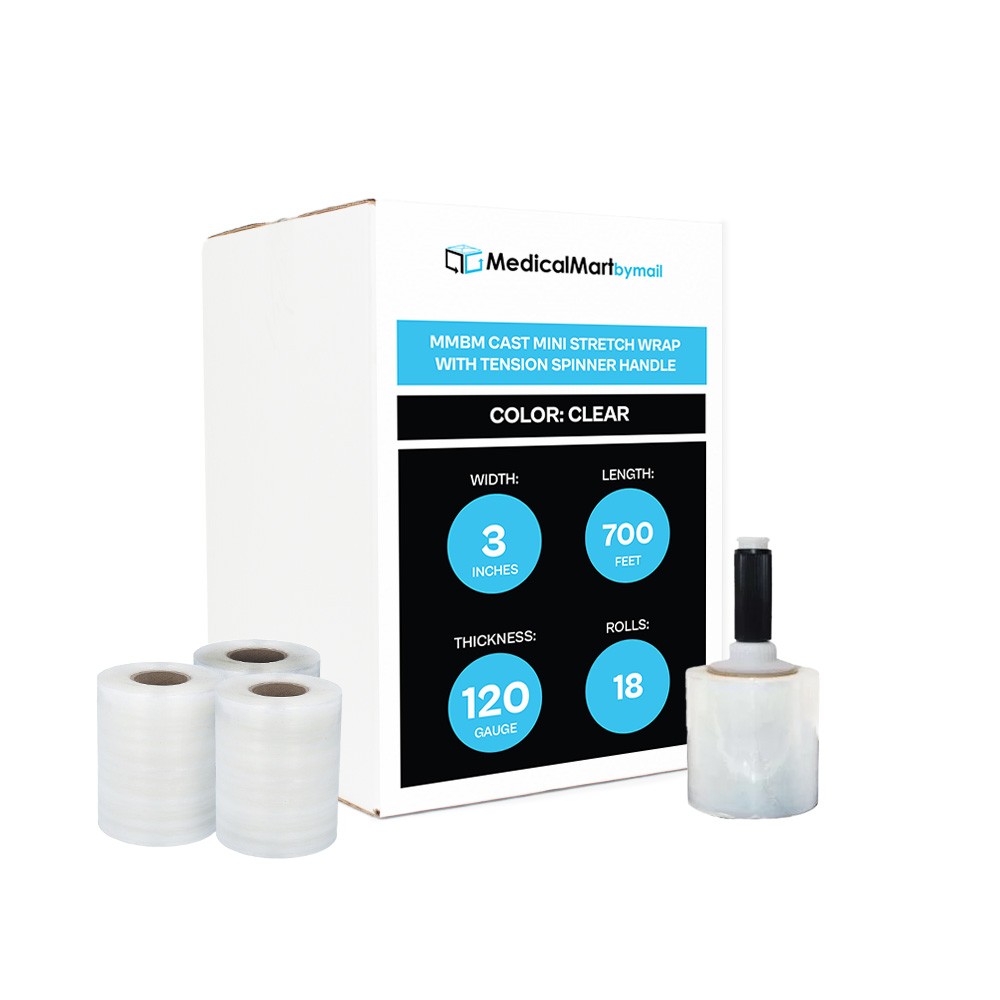 Mini Extended Core Stretch Wrap Clear 3"x700' 120 Ga 18 Rolls w/ Spinner Handle