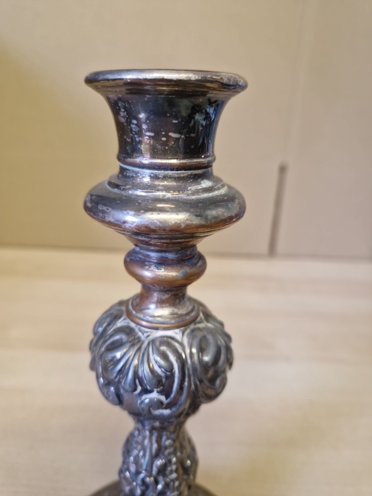 Antique Weighted Silverplate on Copper Candlestick Embossed Pattern 25cm Tall