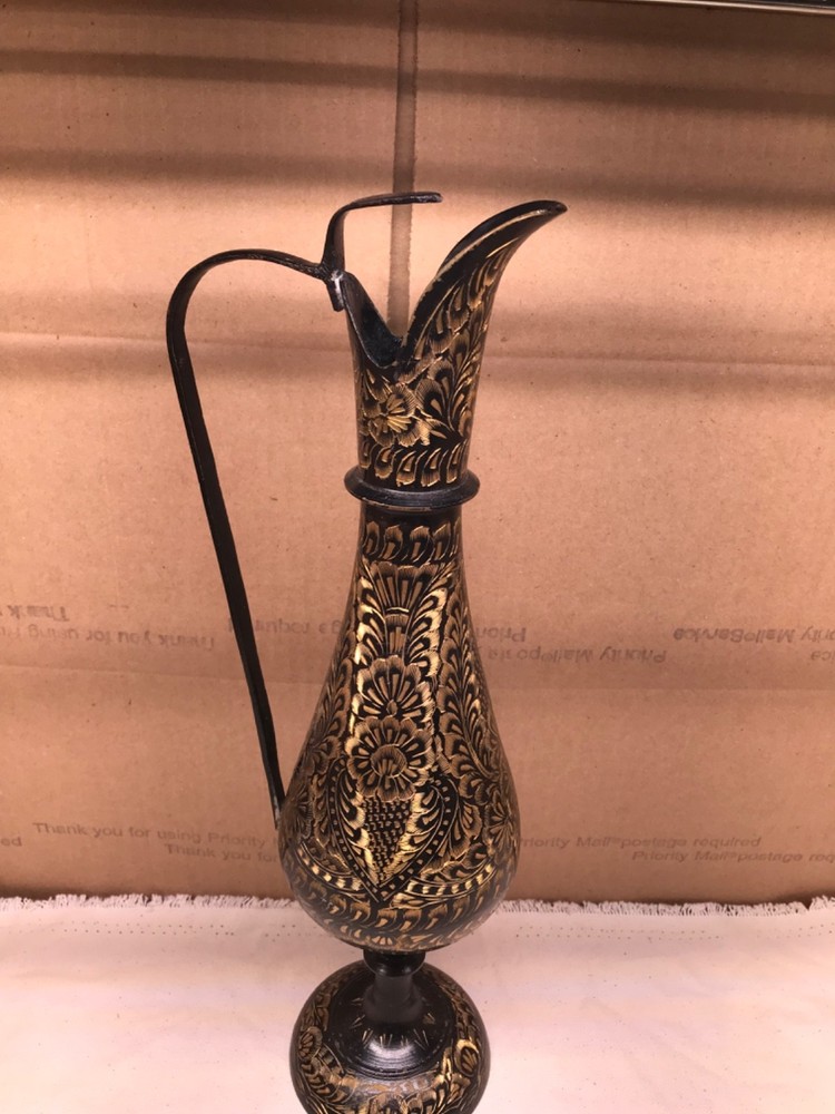 Bidriware style solid brass pitcher large engraved carafe vase