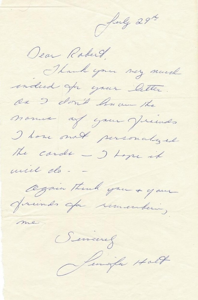Jennifer Holt- Handwritten Signed Letter