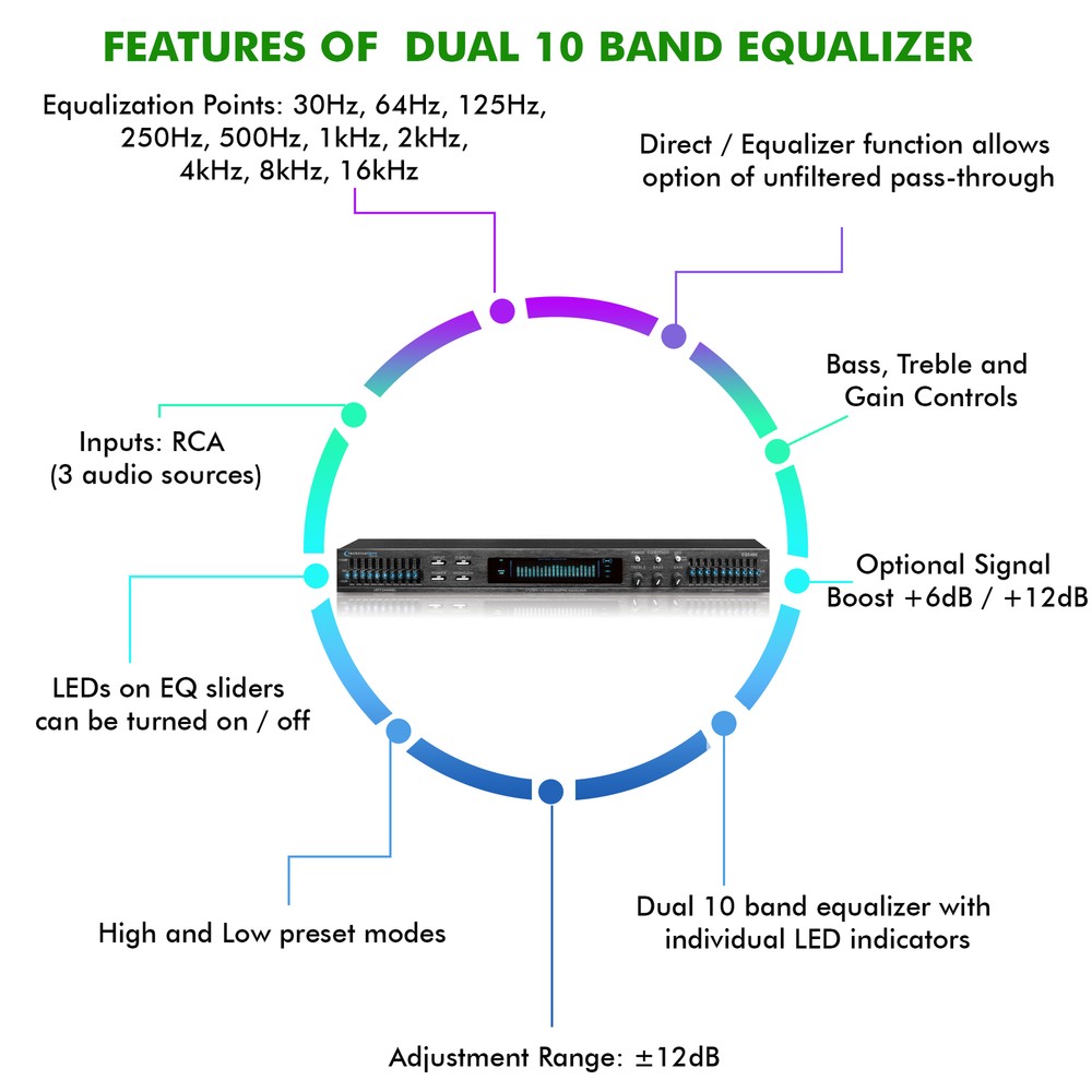 Professional Dual 10 Band Equalizer with Individual LED Indicators
