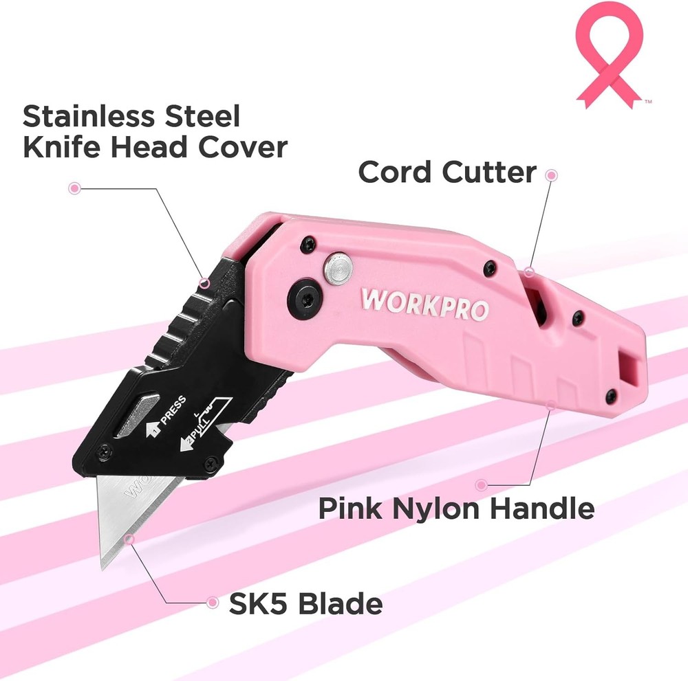 WORKPRO Folding Utility Knife Quick Change Box Cutter 10 Extra Blade Razor Knife