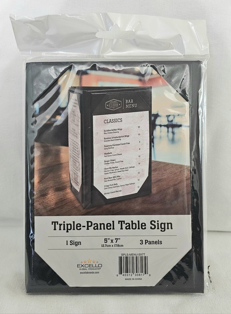 Excello  5"x7" Triple Sided Panel Black Table Tent Menu Sign