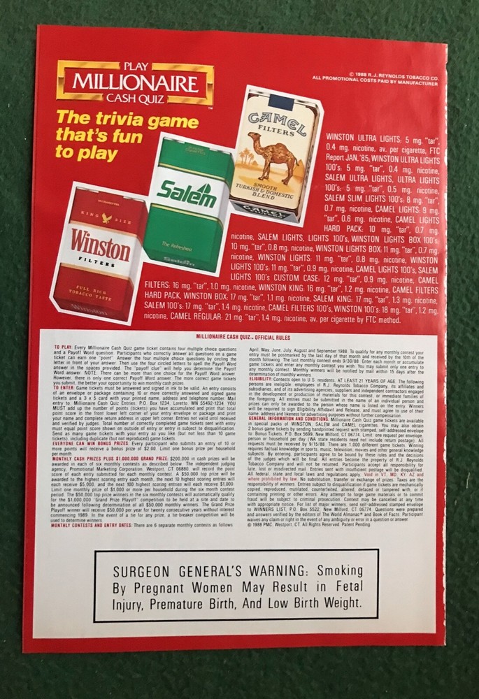Winston Camel Cigarettes pull out advertisement Millionaire Cash Quiz Contest