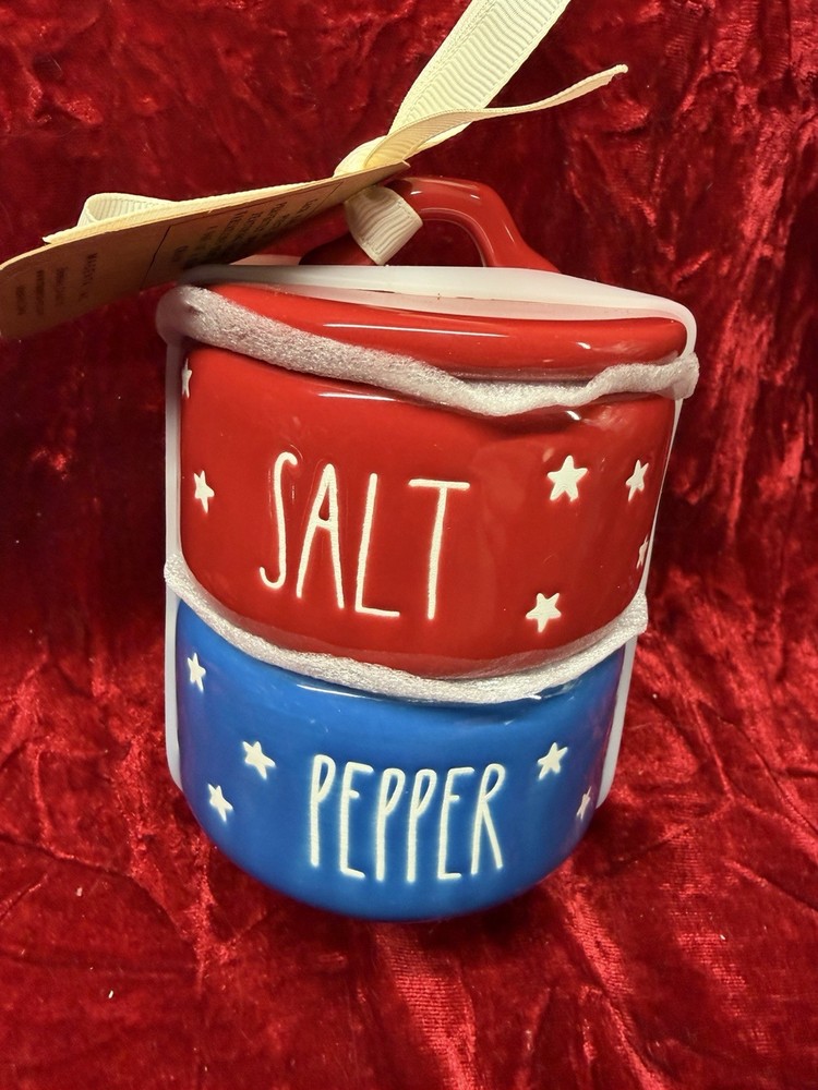 Rae Dunn Red & Blue Ceramic Salt & Pepper Pot  Set With White Star Pattern- NWT