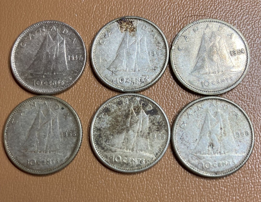 Canada 10 Cents, Six 80% Silver Coins