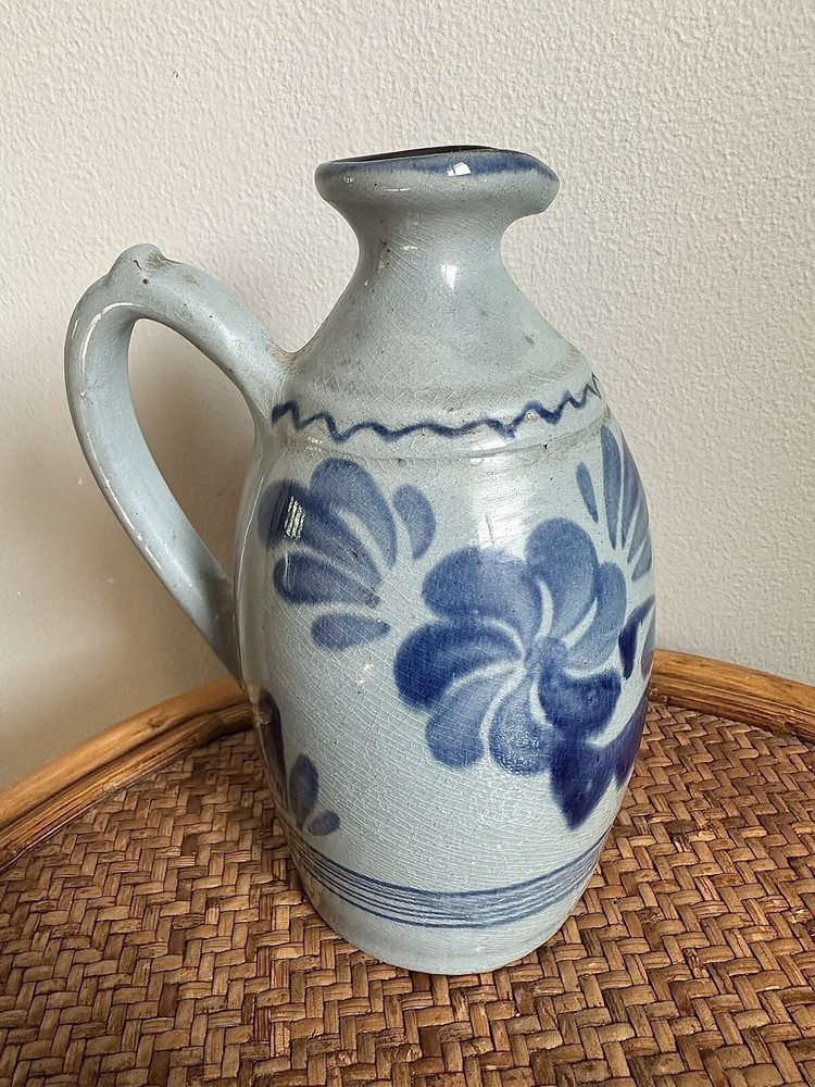 Blue Floral Handmade Pitcher Signed