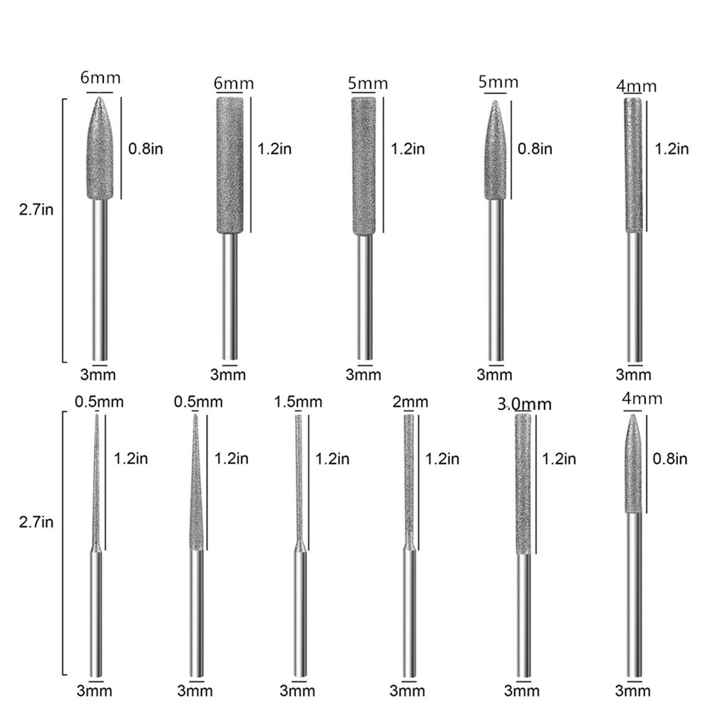 11PCS/Set 1/8" Shank Diamond Burr Bits Grinding Rotary Tools Accessories