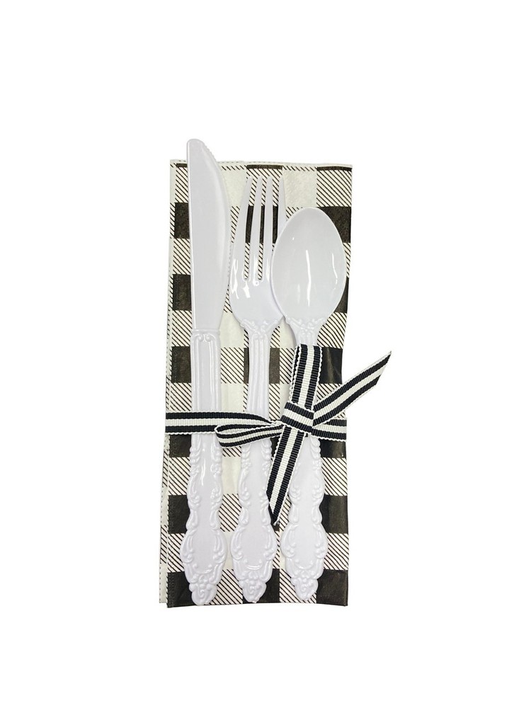 Plastic Flatware with Napkin, White Gingham
