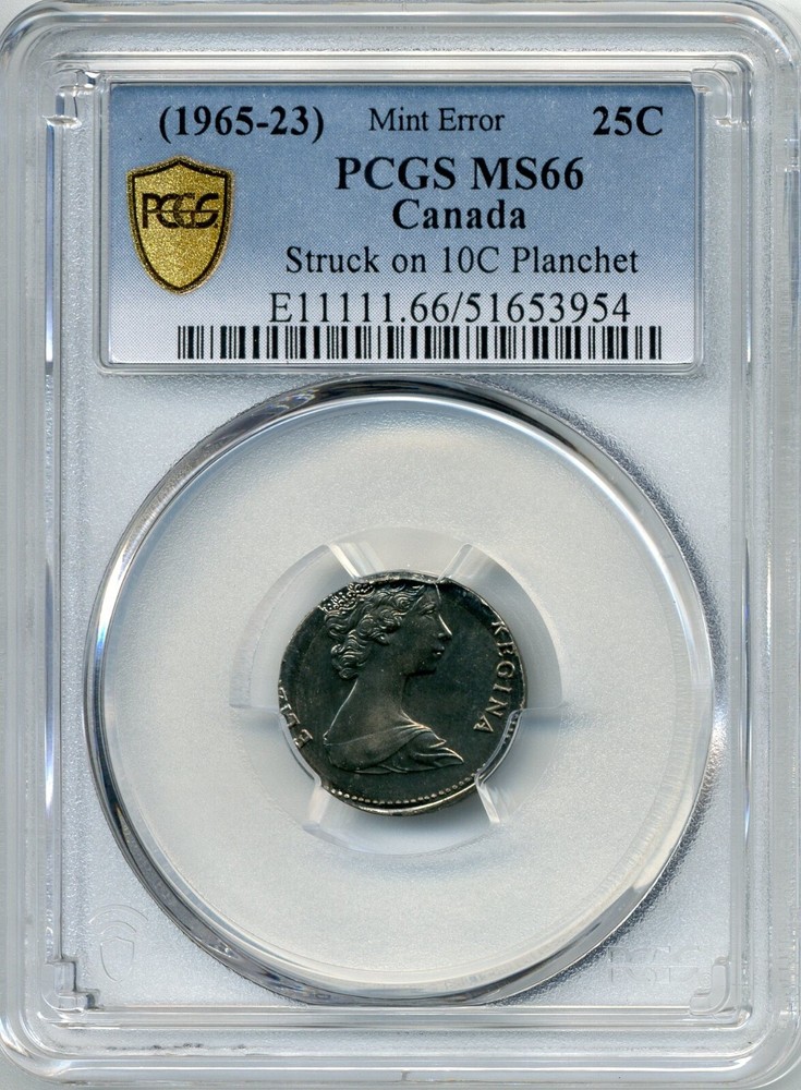 1968-1989 Canada 25 Cent MINT ERROR, Struck on 10 Cent Planchet - PCGS MS 66