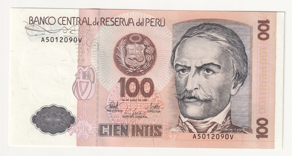 Peru 100 Intis banknote 1987 Ramon Castilla UNC