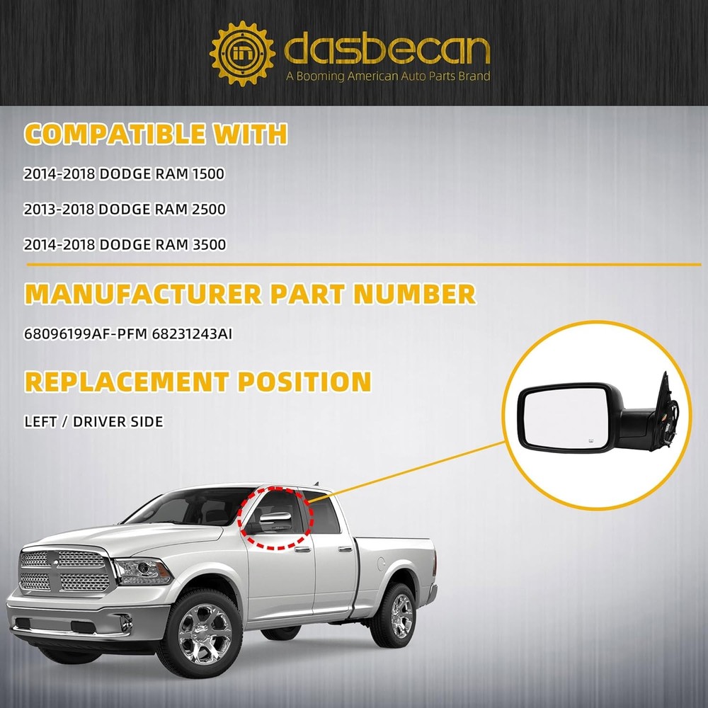 Driver Side Mirror Compatible with 2014-2018 Ram 1500,2013-2018 Ram 2500 Left Do