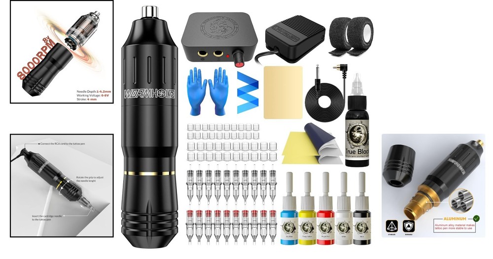 Rotary Tattoo Practice Machine Kit - 20 Cartridge Needles & Total Setup Included