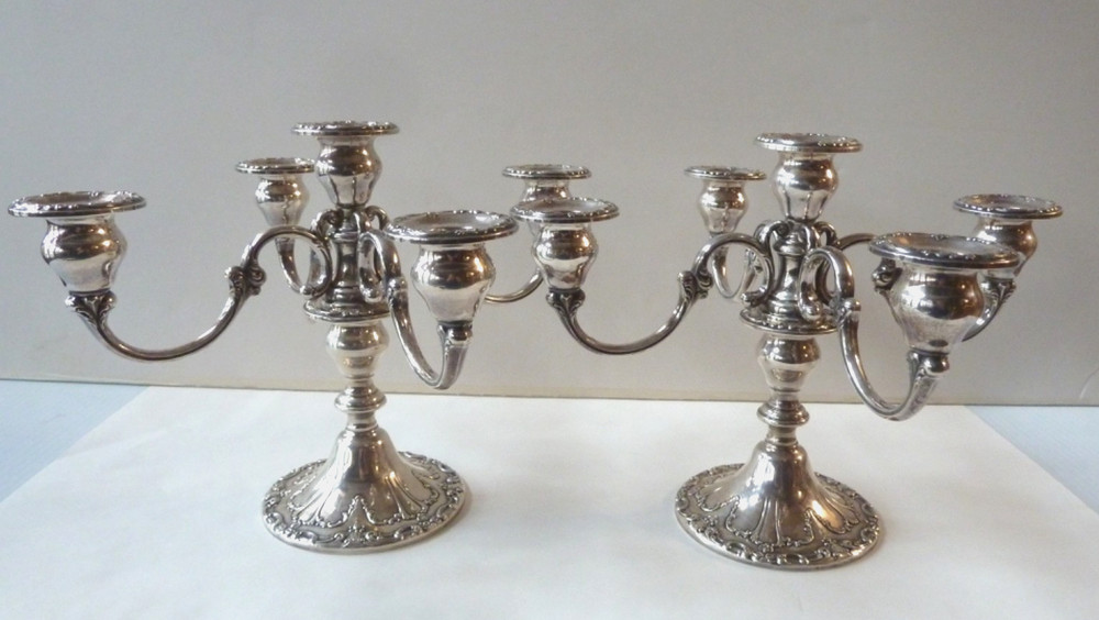 PAIR GORHAM CHANTILLY DUCHESS 5 LIGHT STERLING WEIGHTED CANDELABRA