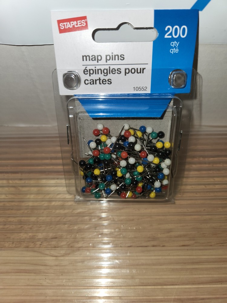 Staples Push Pins/Map Pins , Assorted Colors, 200/Box (10552)
