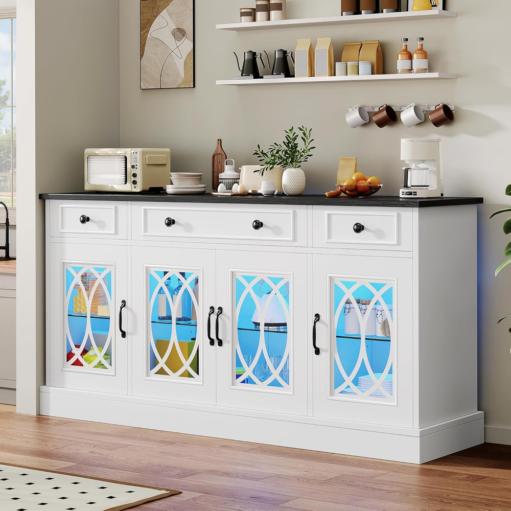 65" White Sideboard Buffet Cabinet with Glass Doors & Drawers