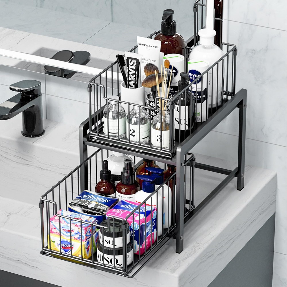 2 Tier Sliding Basket Drawer Organizer, Pull Out Under Sink Cabinets Organize...