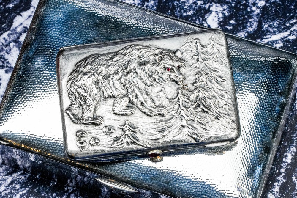 Art Nouveau Antique Cigarette Case 875 Sterling Silver Bear Ruby Eyes Diamond