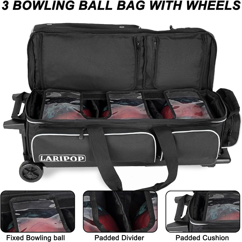 Spacious 3 Ball Bowling Bag with Retractable Handle