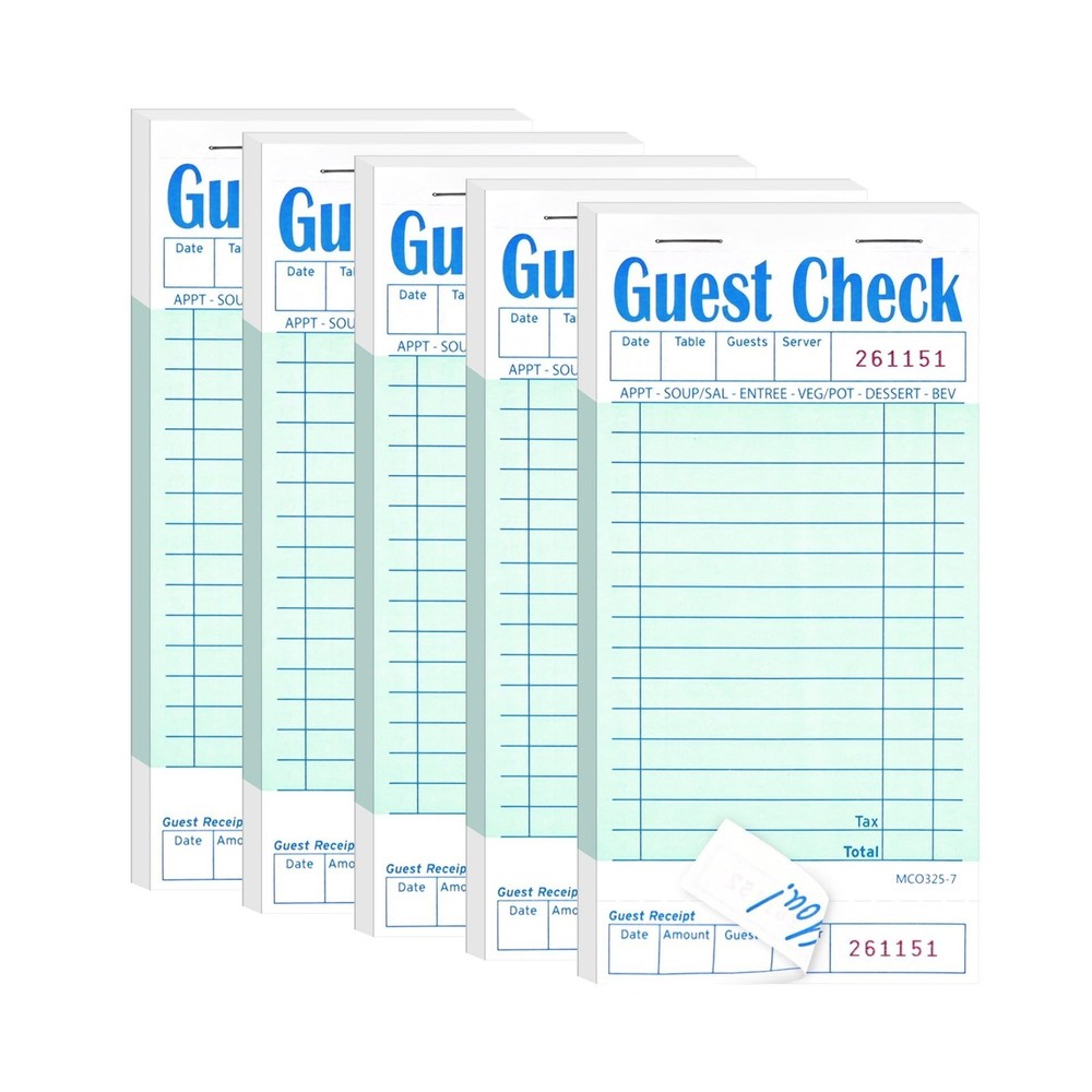 5 Pack Guest Check Books, Green Server Notepad Waiter Checkbook 50 Sheets Each