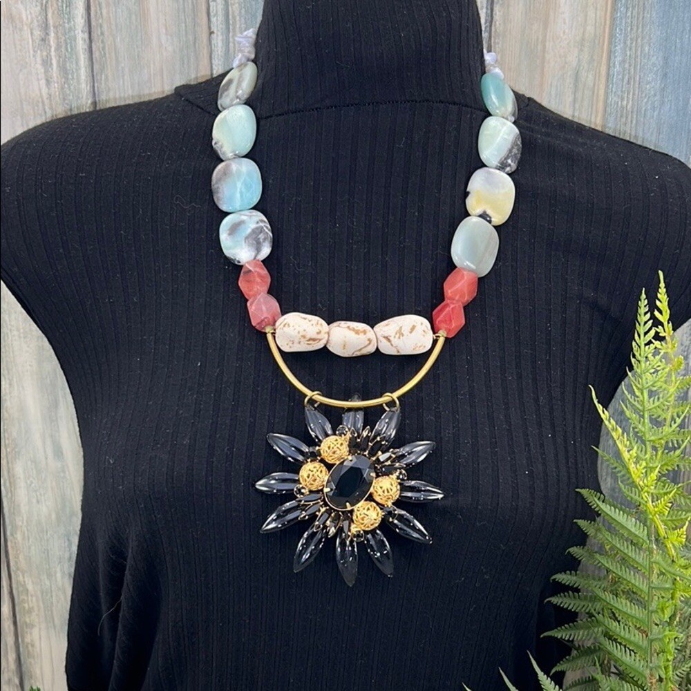 Adorned Crown Artisan Assemblage enamel black flower multi stone bead necklace